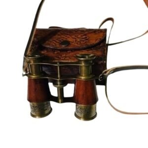 Vintage-Style Brass Binoculars, 4 Inche with Leather Case, Decorative Engravings