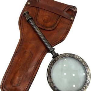 Vintage Style Magnifying Glass with Leather Case, Antique Brass Finish, Reading Magnifier 8''