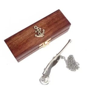 Nautical nickel plated brass boatswain/bosun pipe whistle chain with wooden box