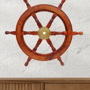 ShipWheel 18" Wood Ship Wheel with Brass Inset and Six Spokes, Brown and Gold