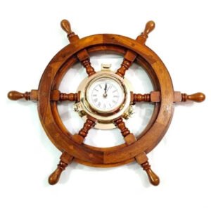 18" Wooden Ship Wheel Engrave Brass Porthole Clock Nautical Steering Wheel Decor