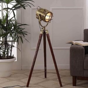 Vintage Brass Nautical Floor Lamp Spotlight with Wooden Tripod stand gift
