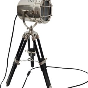 Nautical Desk Lamp with Black Wooden Tripod – Nickel Finish Headlight Shaped