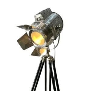 Industrial Nautical Spotlight Floor Lamp Designer Chrome with Black Wood Tripod
