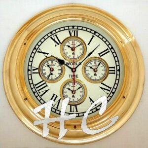 17" Polished Brass World Time Clock Nautical Ship's Wall Clock Beach House Decor