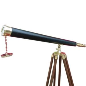 Nautical Vintage Shiny Brass Leather Telescope Floor Stand Wooden Brown Tripod Telescope 55"