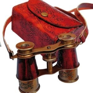 Vintage Opera Binoculars with Engraved Brass & Red Leather Case